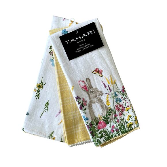 TAHARI HOME Kitchen Towels 3pk Pop of Color Easter Bunny Spring Floral 18x28 New - Picture 1 of 12